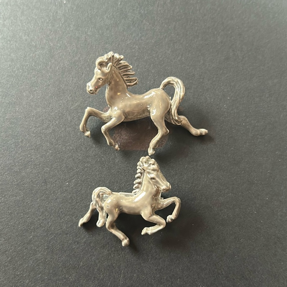 Vintage Gray Enamel Mare and Colt Brooch Duo